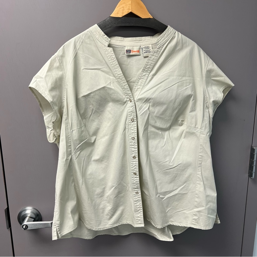 Faded Glory Cream Boxy Button Down Shirt with Mandarin Collar